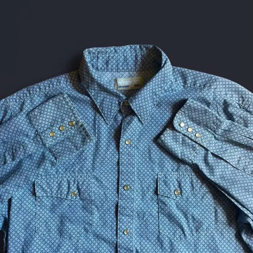 Wrangler Pearl Snap Shirt Mens XL Diamond Geometric Western Blue White